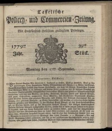 39tes Stueck, Montag den 27ten September. 1779