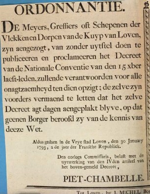 Ordonnantie. De Meyers, Greffiers oft Schepenen der Vlekken en Dorpen van de Kuyp van Loven, ... : Adlus gedaen in de Vrye stad Loven, den 30 January 1793 = Ordonnance. Les Mayeurs, Greffiers ou Echevins des Bourgs & Villages de l'arrondissement de Louvain, ...
