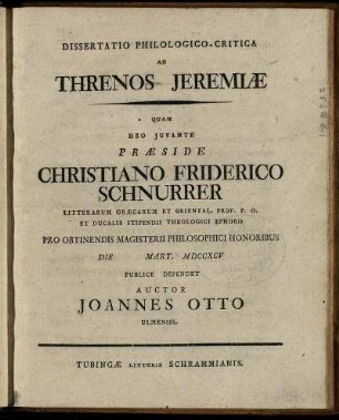 Dissertatio Philologico-Critica Ad Threnos Jeremiae