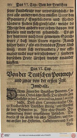 Das VI. Cap.: Von der Teutschen Poeterey ersten Zeit