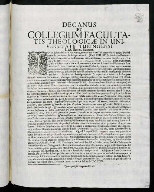 Decanus Et Collegium Facultatis Theologicae In Universitate Tubingensi. Lect. Benev. Salutem