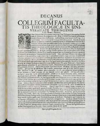 Decanus Et Collegium Facultatis Theologicae In Universitate Tubingensi. Lect. Benev. Salutem