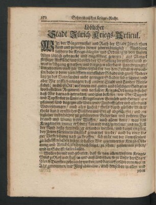 Löblicher Stadt Zürich Kriegs-Articul.