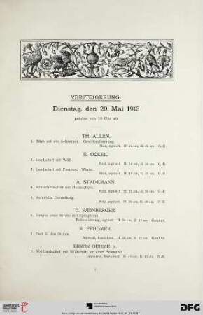 Versteigerung: Dienstag, den 20. Mai 1913 präzise von 10 Uhr ab (Nr. 1-228)