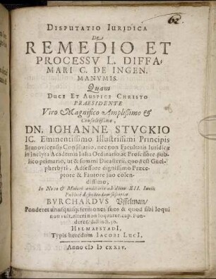 Disputatio Iuridica De Remedio Et Processu L. Diffamari C. De Ingen. Manumis
