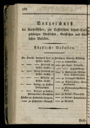 Verzeichniß der Kurhessischen, zur Casselischen Lehns-Curie gehoerigen Fuerstlichen, Graeflichen und Adelichen Vasallen