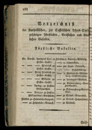 Verzeichniß der Kurhessischen, zur Casselischen Lehns-Curie gehoerigen Fuerstlichen, Graeflichen und Adelichen Vasallen