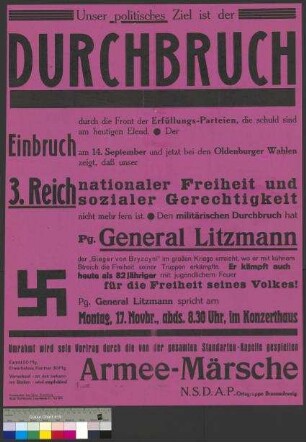 Plakat der NSDAP zu einer öffentlichen Parteiveranstaltung am 17. Novermber 1930 in Braunschweig