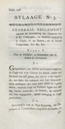 Bylaage No. 3. General reglement omtrent de bevordering der Dienaren van ...