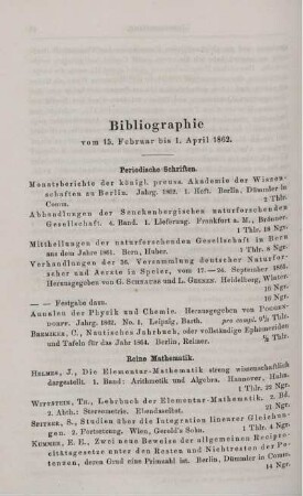 Bibliographie vom 15. Februar bis 1. April 1862.