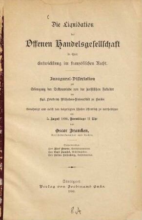 Die Liquidation der Offenen Handeslgesellschaft in ihrer Entwicklung im französischen Recht