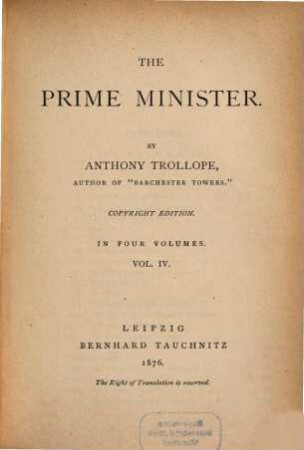 The Prime Minister : in 4 vol., 4