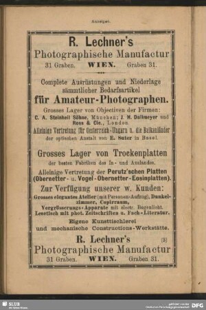 R. Lechner´s Photographische Manufactur Wien. Complete Ausrüstungen und Niederlage sämmtlicher Bedarfsartikel für Amateur-Photographen