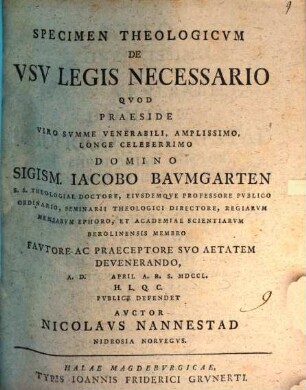 Specimen Theologicvm De Vsv Legis Necessario