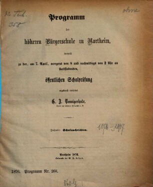 Programm der Höheren Bürgerschule zu Northeim : womit zu d. am ... stattfindenden öffentl. Schulprüfung ergebenst einladet ... 1875/76