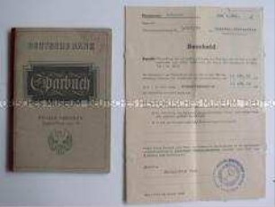 Sparbuch der Deutschen Bank für Margarete Paul, beiliegend Rückzahlungsscheine für ein Sparbuch bei der Deutschen Reichspost; Dresden, 1943-1956