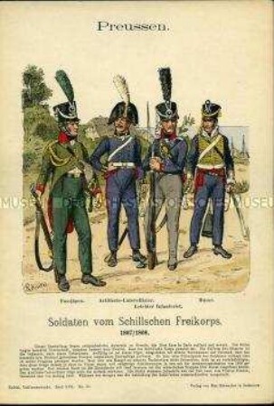 Uniformdarstellung, Jäger, Artillerie-Unteroffizier, Gemeine der Leichten Infanterie bzw. der Husaren des Freikorps "von Schill", Königreich Preußen, 1807/1808.