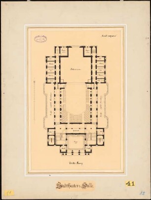 Stadttheater, Halle/Saale 1. Projekt: Grundriss 1. Rang