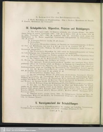 IV. Schulgelderlass, Stipendien, Prämien und Belobigungen