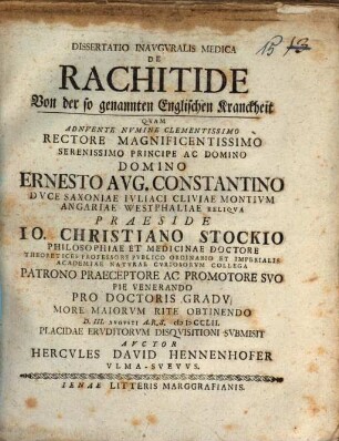 Dissertatio Inavgvralis Medica De Rachitide = Von der so genannten Englischen Kranckheit