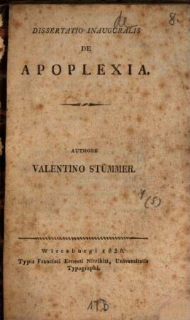 Diss. inaug. de apoplexia