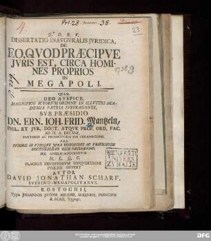 Dissertatio Inavgvralis Jvridica, De Eo, Qvod Praecipve Jvris Est, Circa Homines Proprios In Megapoli