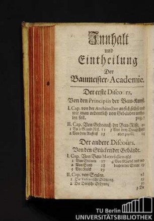 Innhalt und Eintheilung Der Baumeister-Academie.