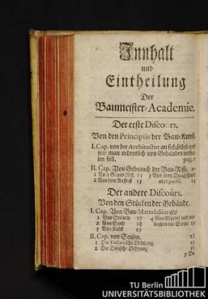 Innhalt und Eintheilung Der Baumeister-Academie.
