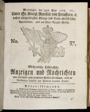 No. 37. Montags, den 14ten Sept. 1778.