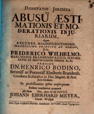 Disputatio Juridica De Abusu Aestimationis Et Moderationis Injuriarum