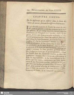 Chapitre CXXVII. De la différence qu'on observe dans la fonte des mines de cuivre, suivant les differens Fourneaux