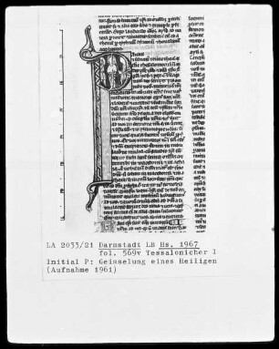 Biblia sacra mit Missale — Initiale P (aulus) mit Geißelung eines Heiligen, Folio 569verso