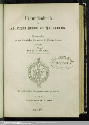 Urkundenbuch des Klosters Berge bei Magdeburg : mit 2 facsimilierten Urkundenanlagen und 1 Siegeltafel