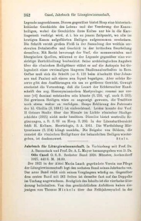 362-363 [Rezension] Casel, Odo (Hrsg.), Jahrbuch für Liturgiewissenschaft. 6. Bd