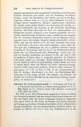 362-363 [Rezension] Casel, Odo (Hrsg.), Jahrbuch für Liturgiewissenschaft. 6. Bd