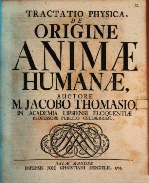 Tractatio Physica, De Origine Animæ Humanæ