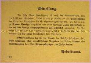 Mitteilungshandzettel des Arbeitsamtes zur Überprüfung der Hilfsbedürftigkeit und Antragstellung für Unterstützungsbezüge