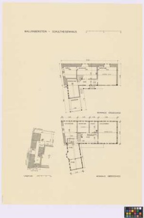 Wallrabenstein (Rheingau-Taunus-Kreis): Schultheisenhaus. - Lageplan mit Anbau (Umriss), Wohnhaus (Umriss), Stall (Umriss), Scheune (Umriss), Abort (Umriss), Dung (Umriss), Schuppen (Umriss). - Wohnhaus (Grundriss des Erdgeschosses, Grundriss des Obergeschosses)