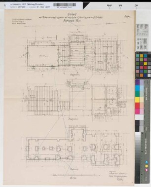 Entwurf zum Neubau eines Empfangsgebäudes auf Bahnhof Kirchhundem-Flape, Blatt 2: Grundrisse Erdgeschoß, Kellergeschoß, Fundamentplan, M. 1:100 Blnr.: 2