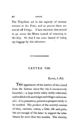 VIII. Zante. - The appearance of the island. Custom of the peasants. Population and climate. Natural curiosities. The town of Zante. State of the clergy. State of the schools. Appearance of the people. Pawn ban