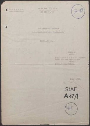 Angeklagte: Baumann, Willibald (Stanzer); Dauchingen *06.07.1880 in Dauchingen; + ? Baumann, Rudolf (Fabrikarbeiter); Dauchingen *16.04.1902 in Dauchingen; + ? Delikt: Verbrechen gegen die Kriegswirtschaftsverordnung Schwarzschlachtung Tatort: Dauchingen Tatzeit: Dezember 1941-Januar 1942