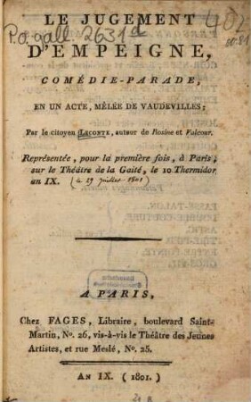 Le jugement d'Empeigne : Comédie-parade, en un acte, mêlée de vaudevilles