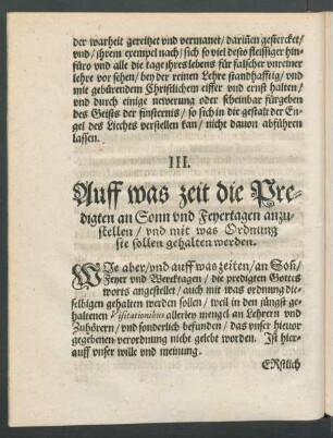 III. Auff was zeit die Predigten an Sonn und Feyertagen anzustellen ...