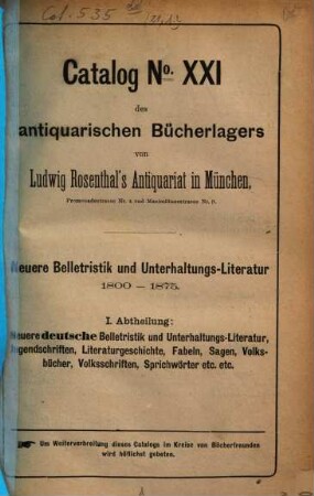 Neuere Belletristik und Unterhaltungs-Literatur : 1800-1875