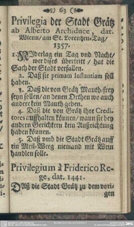 Privilegia der Stadt Grätz ab Alberto Archiduce, dat. Wienn, am St. Lorentzen-Tag, 1357