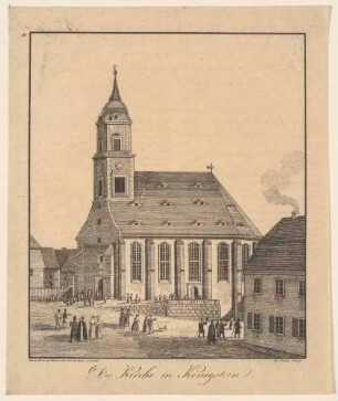 Die evangelische Stadtkirche Marienkirche in Königstein in der Sächsischen Schweiz, aus der Zeitschrift Dresdner Stadt- und Landbote für das Königreich Sachsen