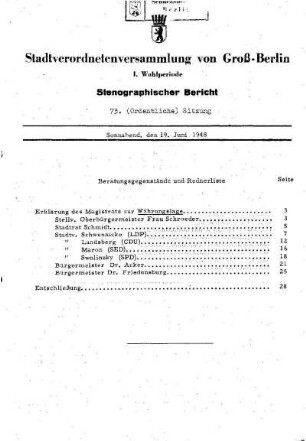 Nr. 73, 19. Juni 1948, Ordentliche Sitzung