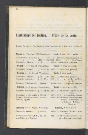 Eintheilung der Auction. Ordre de la vente