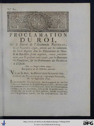 Proclamation du Roi, sur le Décret de l'Assemblée Nationale, du 17 Septembre 1790, portant que les traitemens des Curés Royaux dans les Départemens du Haut- & du Bas-Rhin seront acquittés ...