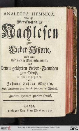 Band 2,2: Analecta Hymnica: Das ist: Merckwürdige Nachlesen zur Lieder-Historie